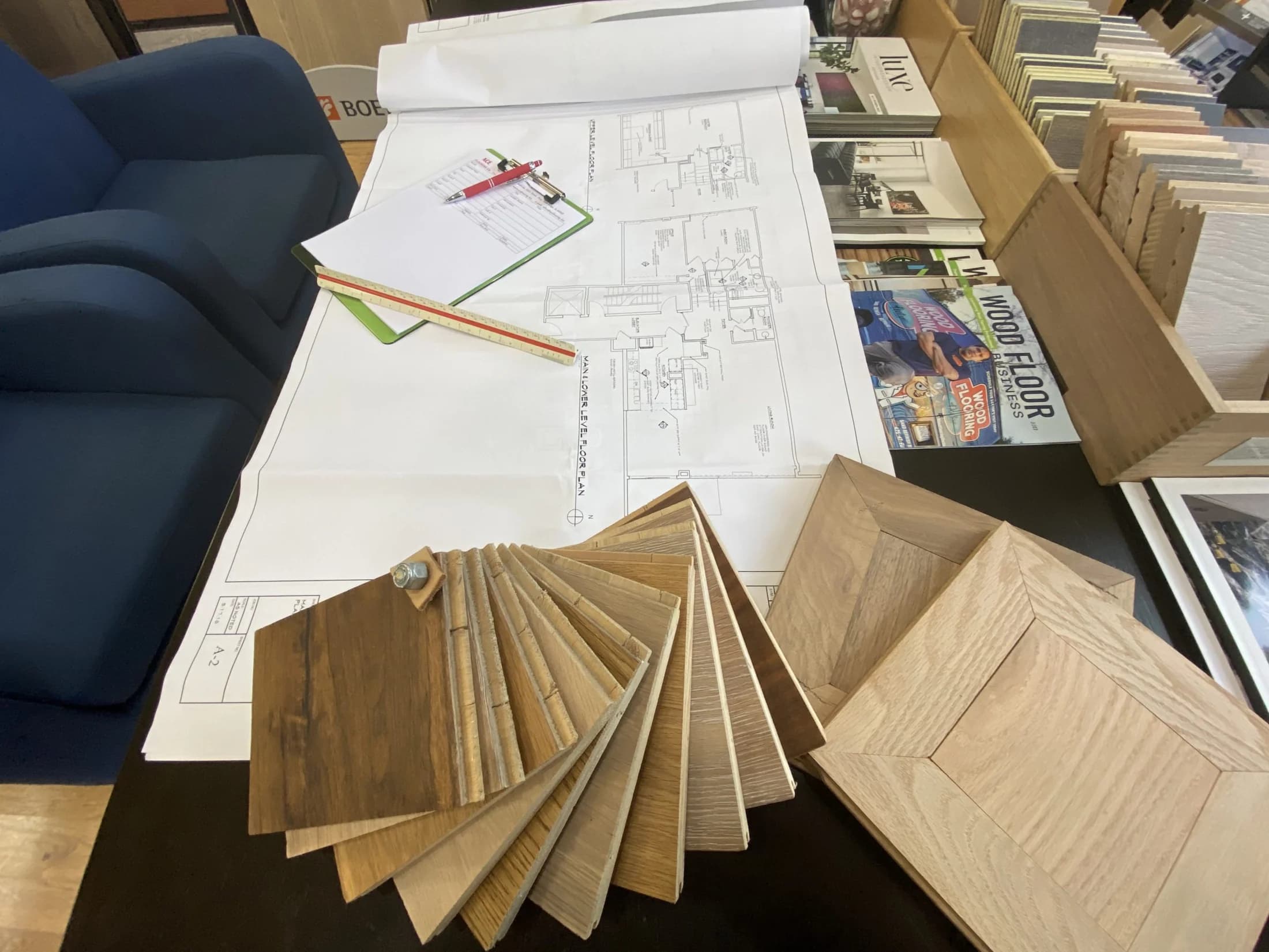 Flooring samples laid out for comparison in the showroom