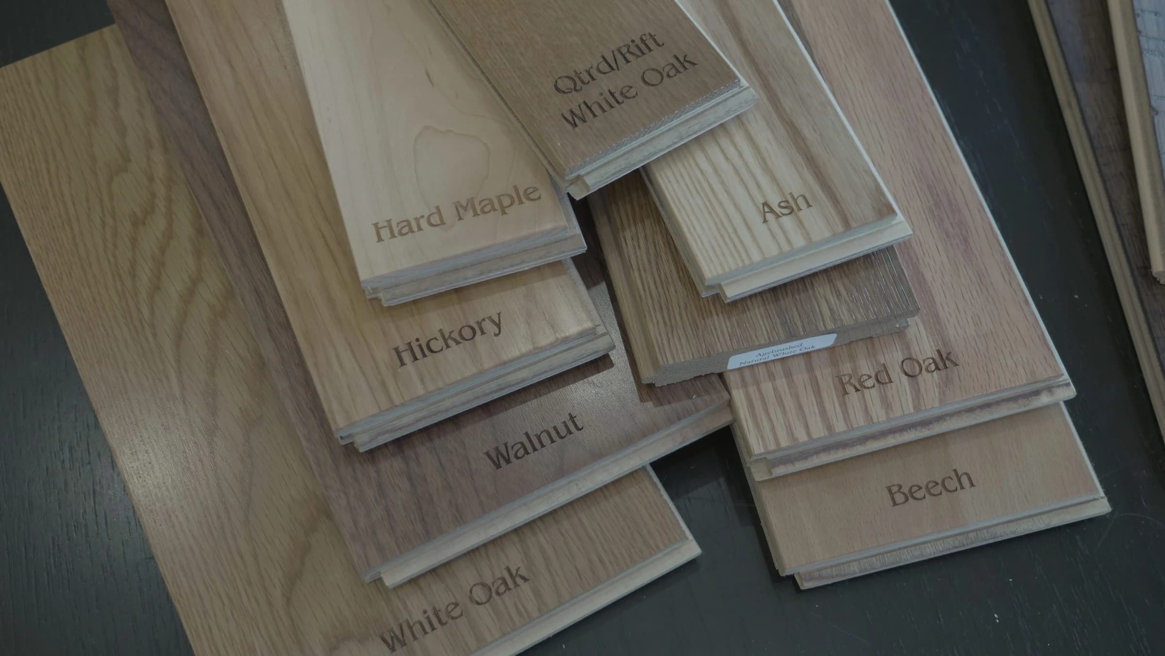 Engraved wood samples from Ace’s showroom archive